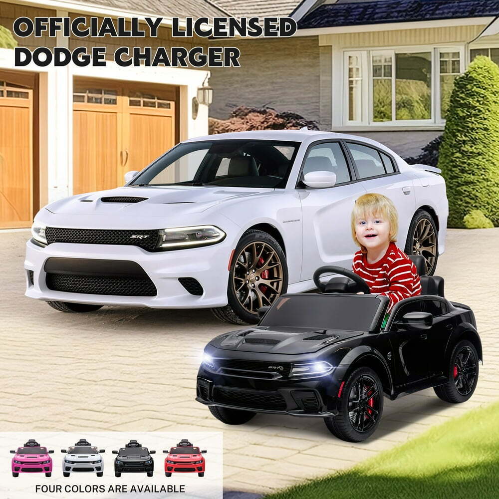 12V Dodge Charger SRT Hellcat Ride-On Toy with Remote Control, MP3, and LED Lights for Kids