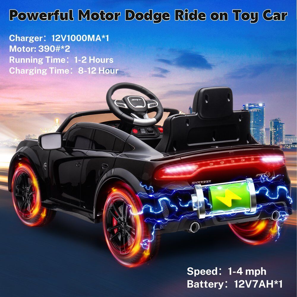 12V Dodge Charger SRT Hellcat Ride-On Toy with Remote Control, MP3, and LED Lights for Kids