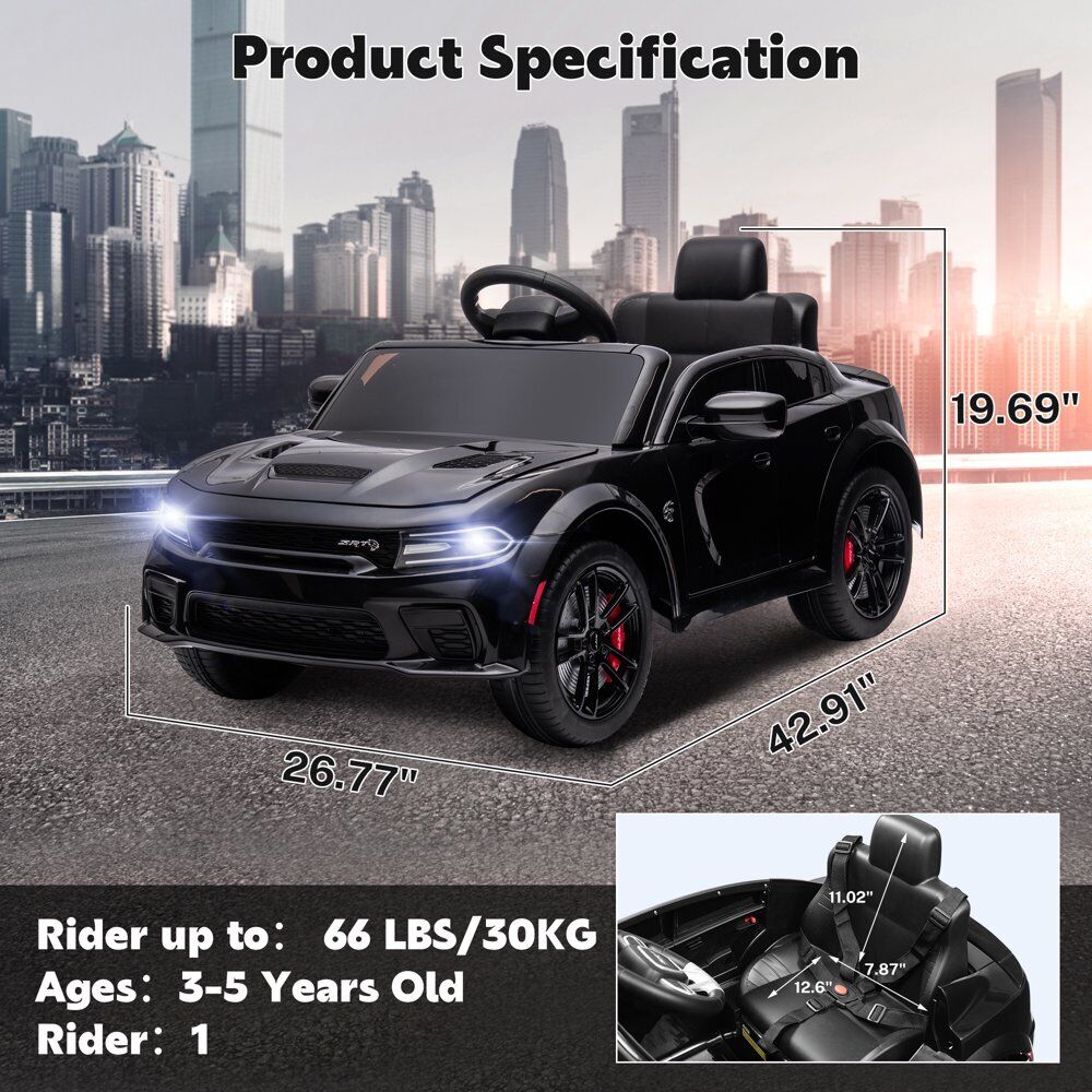 12V Dodge Charger SRT Hellcat Ride-On Toy with Remote Control, MP3, and LED Lights for Kids