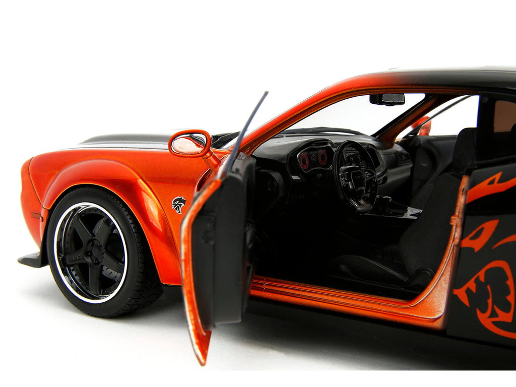 Dodge Challenger SRT Hellcat Orange Metallic and Black "Pink Slips" Series 1/18 Diecast Model Car by Jada