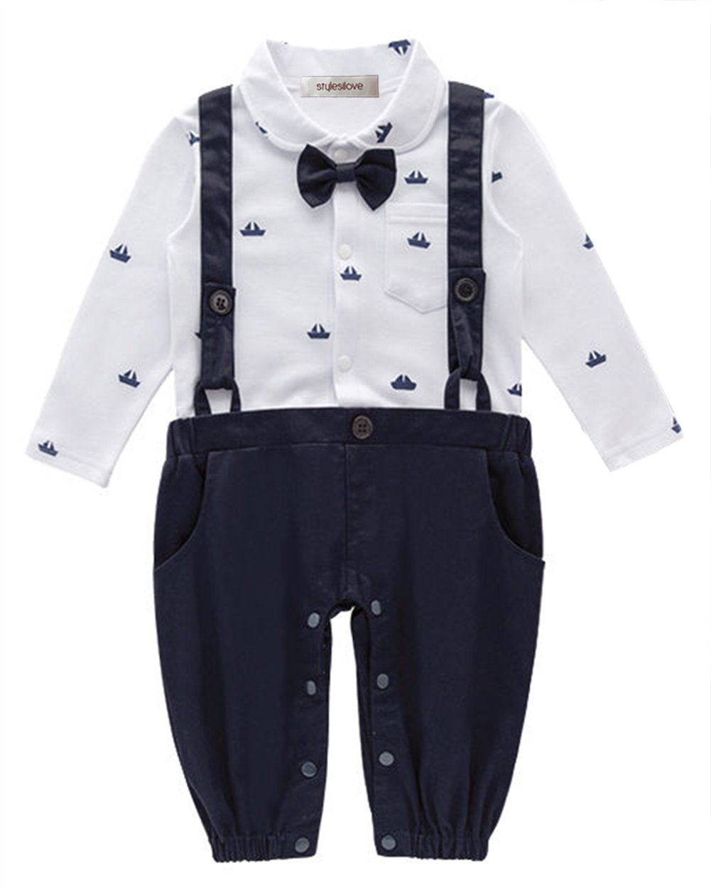 stylesilove Newborn Infant Toddler Sailor Boat Print Faux Suspender Formal Wear Baby Boy Romper