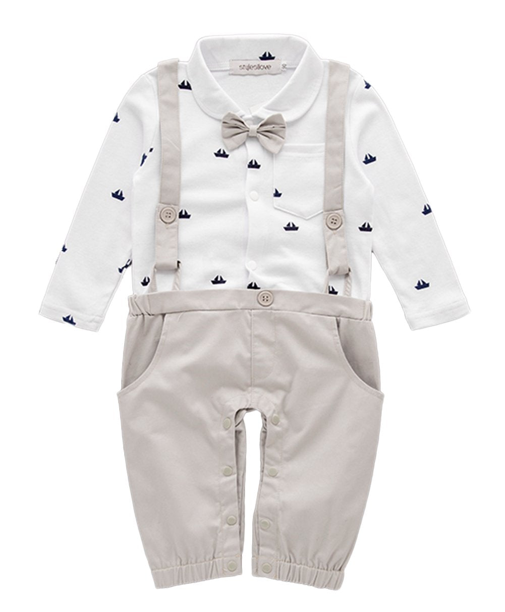 stylesilove Newborn Infant Toddler Sailor Boat Print Faux Suspender Formal Wear Baby Boy Romper