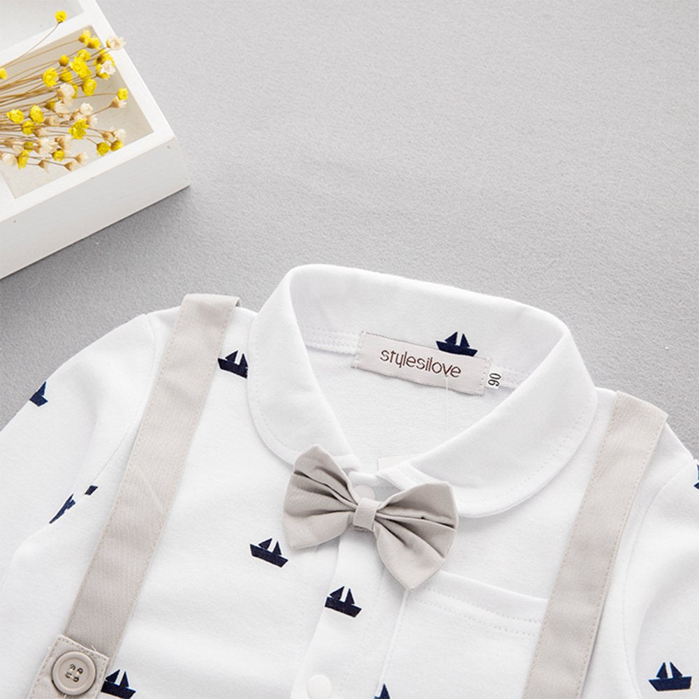 stylesilove Newborn Infant Toddler Sailor Boat Print Faux Suspender Formal Wear Baby Boy Romper