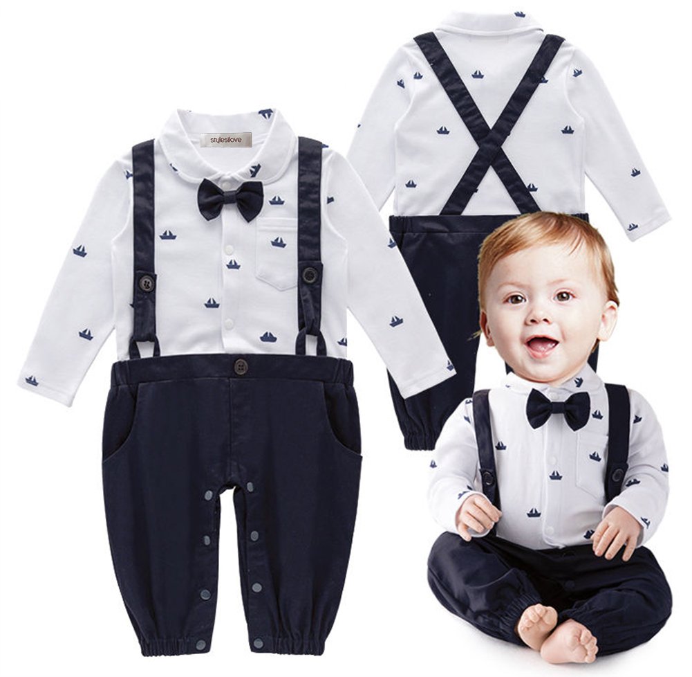 stylesilove Newborn Infant Toddler Sailor Boat Print Faux Suspender Formal Wear Baby Boy Romper