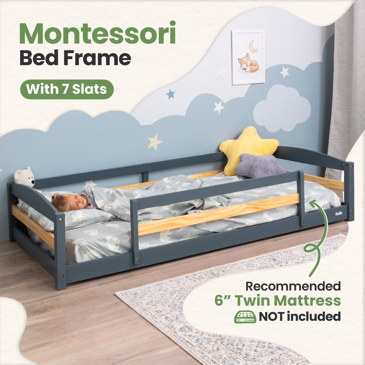 Twin Size Montessori-Inspired Floor Bed with Safety Guardrails for Kids