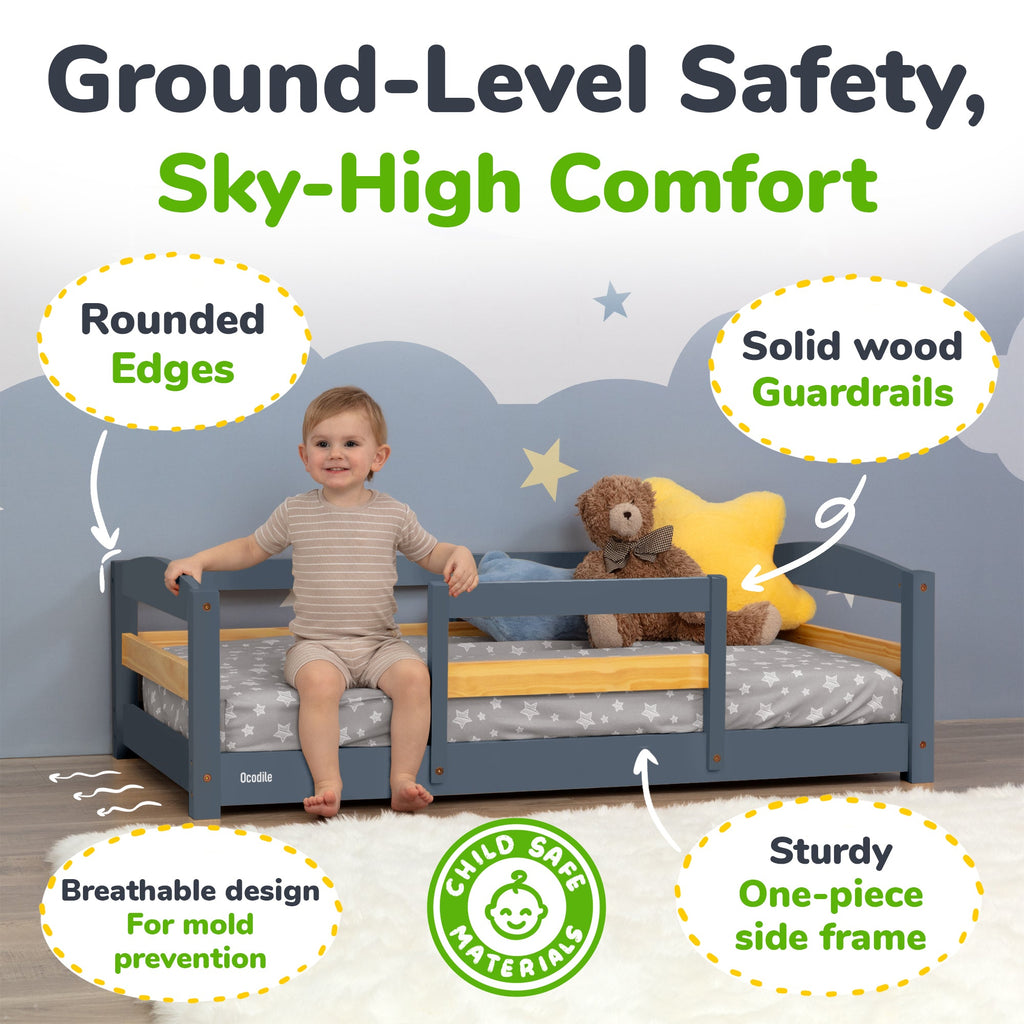 Toddler Floor Bed with Safety Rails for Kids Age 1–3 (Crib Size)