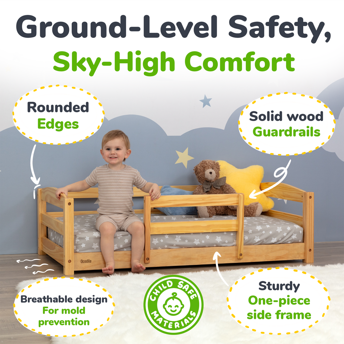 Toddler Floor Bed with Safety Rails for Kids Age 1–3 (Crib Size)
