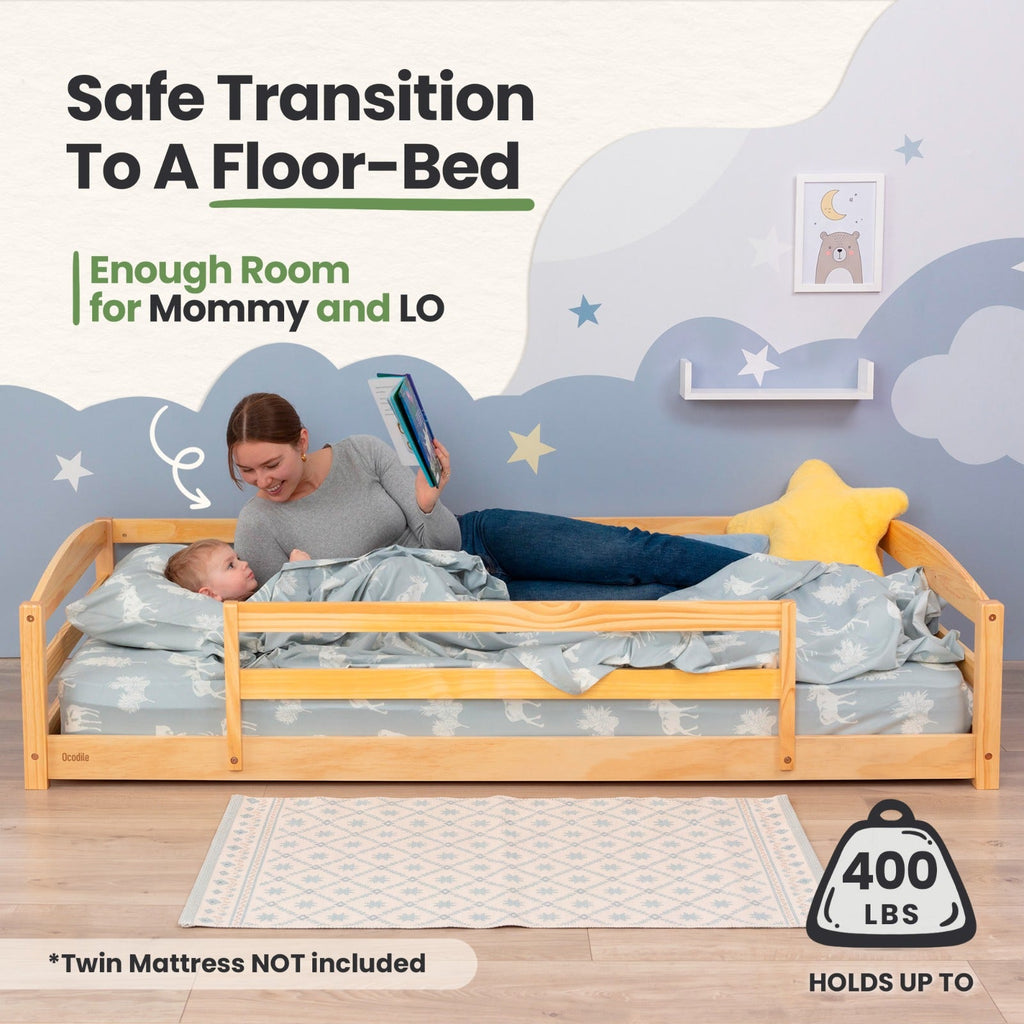 Twin Size Montessori-Inspired Floor Bed with Safety Guardrails for Kids