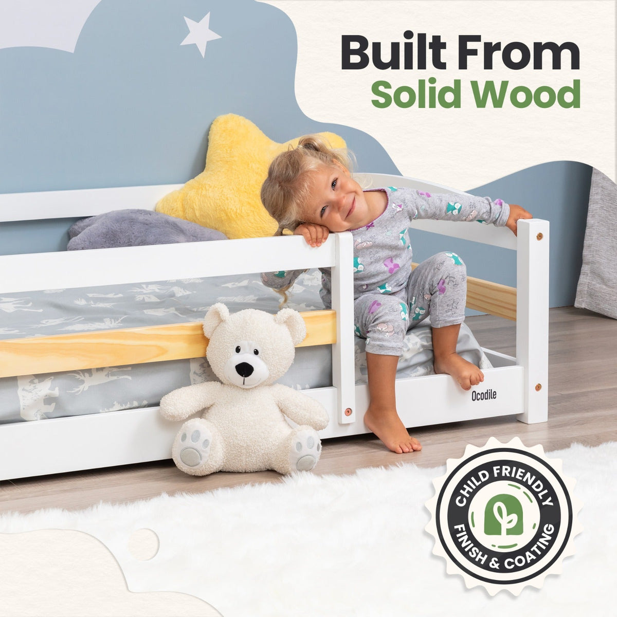 Twin Size Montessori-Inspired Floor Bed with Safety Guardrails for Kids