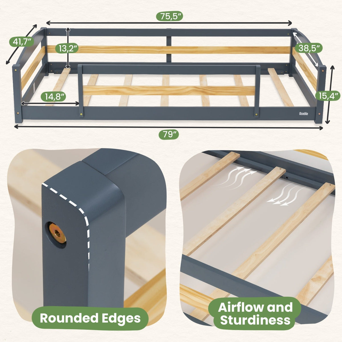 Twin Size Montessori-Inspired Floor Bed with Safety Guardrails for Kids