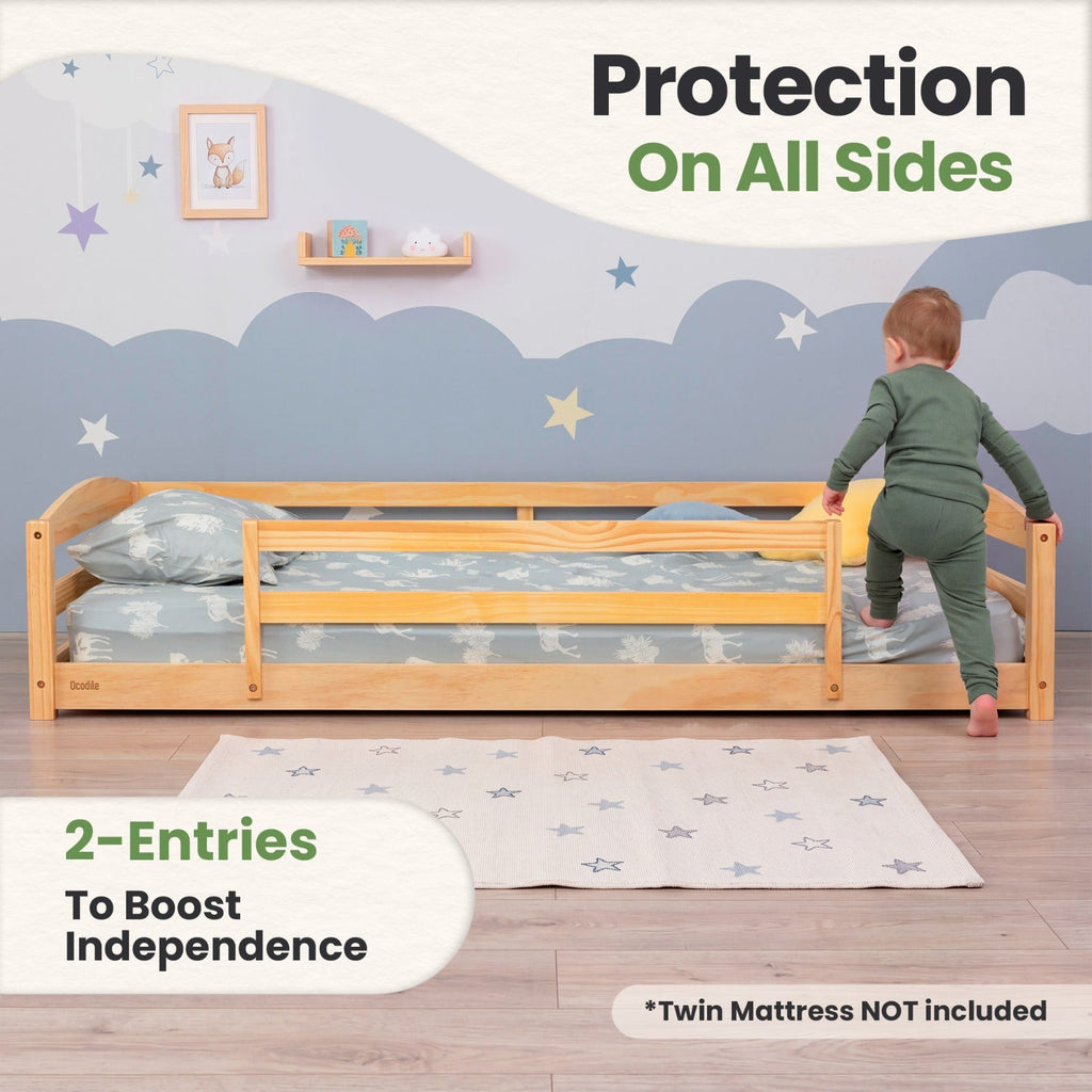 Twin Size Montessori-Inspired Floor Bed with Safety Guardrails for Kids
