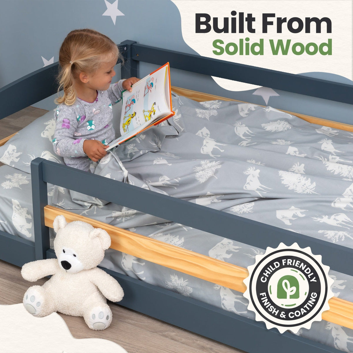 Twin Size Montessori-Inspired Floor Bed with Safety Guardrails for Kids