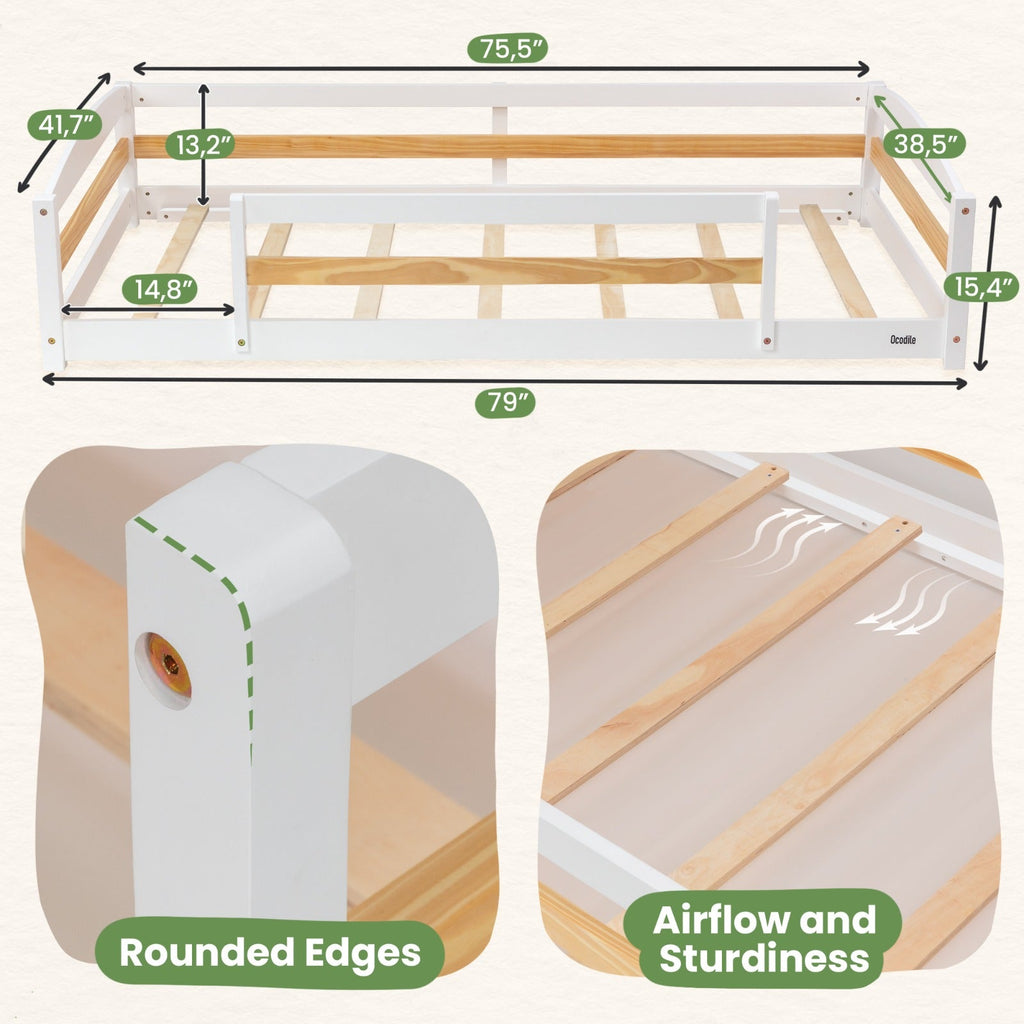 Twin Size Montessori-Inspired Floor Bed with Safety Guardrails for Kids