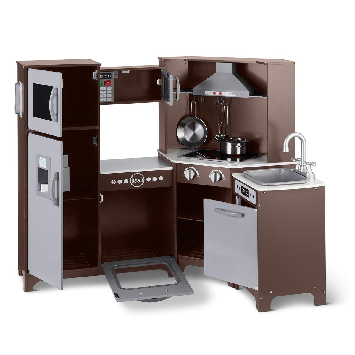 Amazon Basics Kids Corner Wooden Kitchen Toy Playset with Stove, Oven, Sink, Fridge and Accessories, for Toddlers, Preschoolers, Children Age 3+ Years, White & Gray, 39.37"L x 28.35"W x 35.04"H