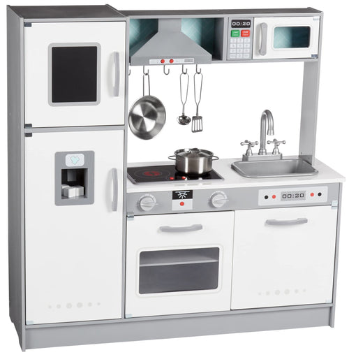 Amazon Basics Kids Corner Wooden Kitchen Toy Playset with Stove, Oven, Sink, Fridge and Accessories, for Toddlers, Preschoolers, Children Age 3+ Years, White & Gray, 39.37"L x 28.35"W x 35.04"H