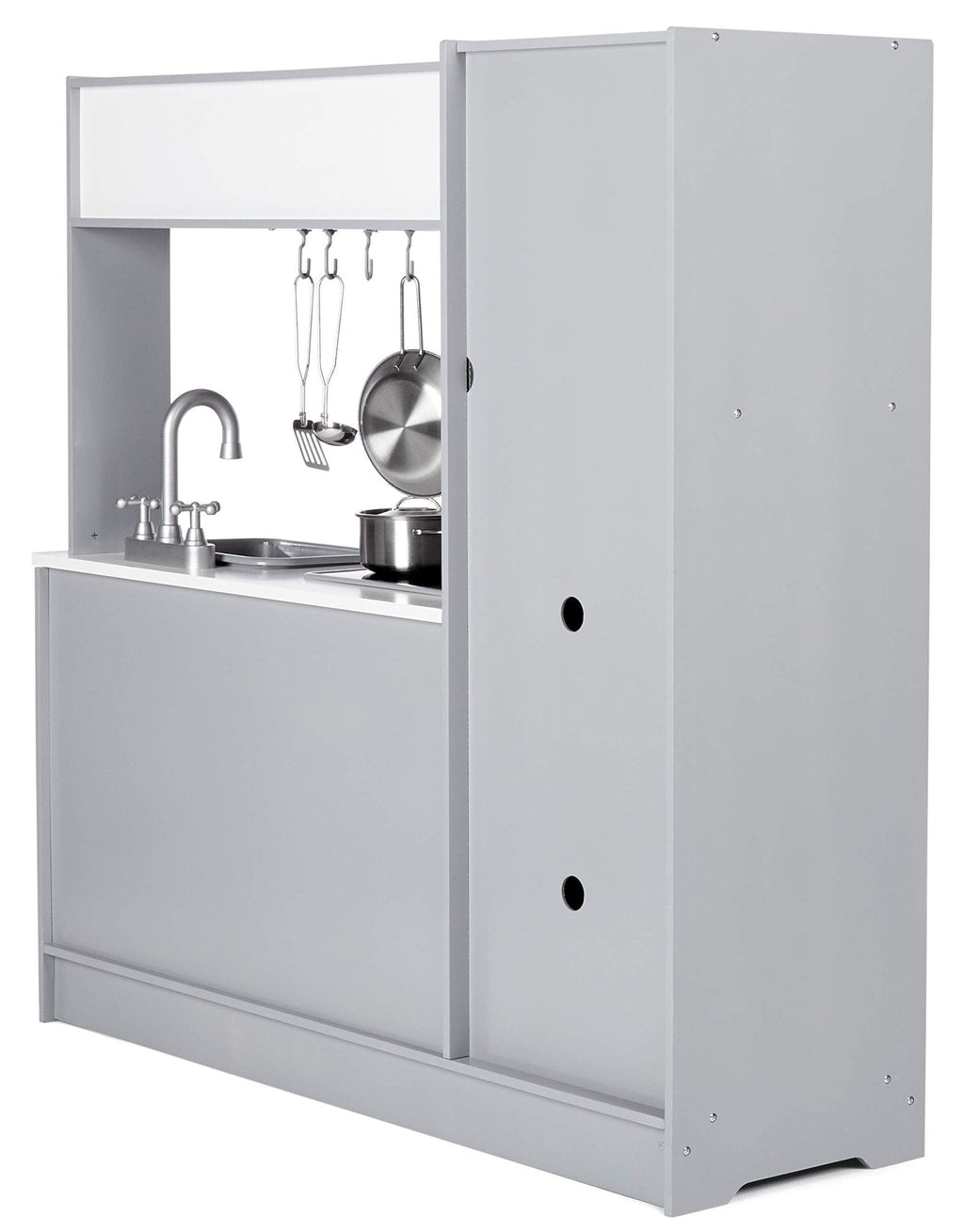 Amazon Basics Kids Corner Wooden Kitchen Toy Playset with Stove, Oven, Sink, Fridge and Accessories, for Toddlers, Preschoolers, Children Age 3+ Years, White & Gray, 39.37"L x 28.35"W x 35.04"H