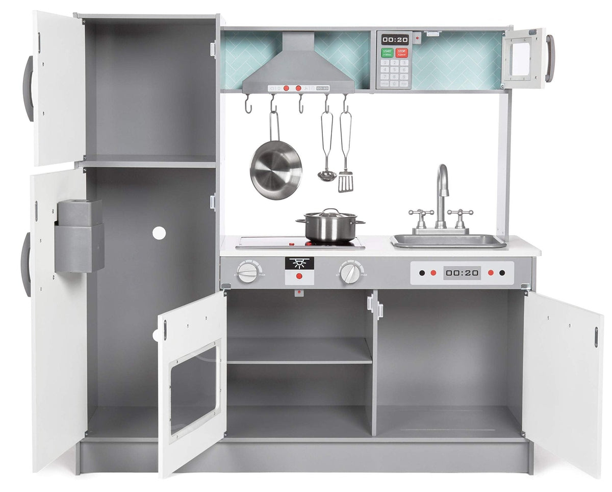 Amazon Basics Kids Corner Wooden Kitchen Toy Playset with Stove, Oven, Sink, Fridge and Accessories, for Toddlers, Preschoolers, Children Age 3+ Years, White & Gray, 39.37"L x 28.35"W x 35.04"H