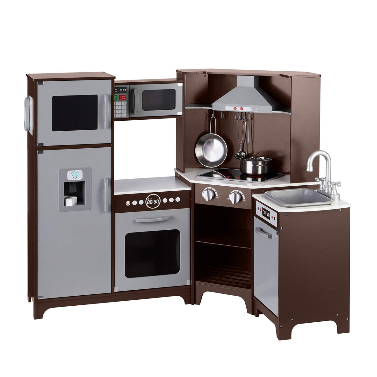 Amazon Basics Kids Corner Wooden Kitchen Toy Playset with Stove, Oven, Sink, Fridge and Accessories, for Toddlers, Preschoolers, Children Age 3+ Years, White & Gray, 39.37"L x 28.35"W x 35.04"H