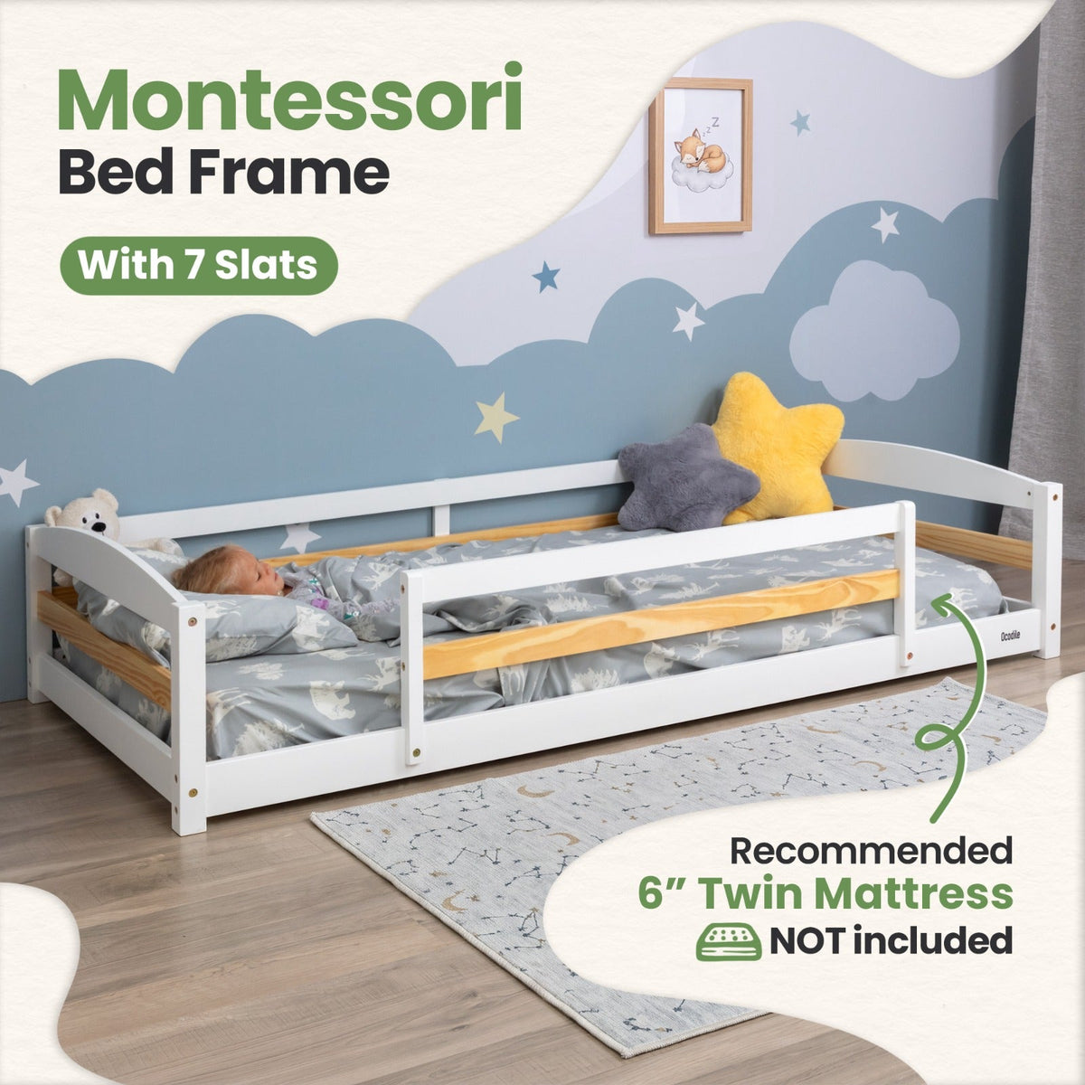 Twin Size Montessori-Inspired Floor Bed with Safety Guardrails for Kids