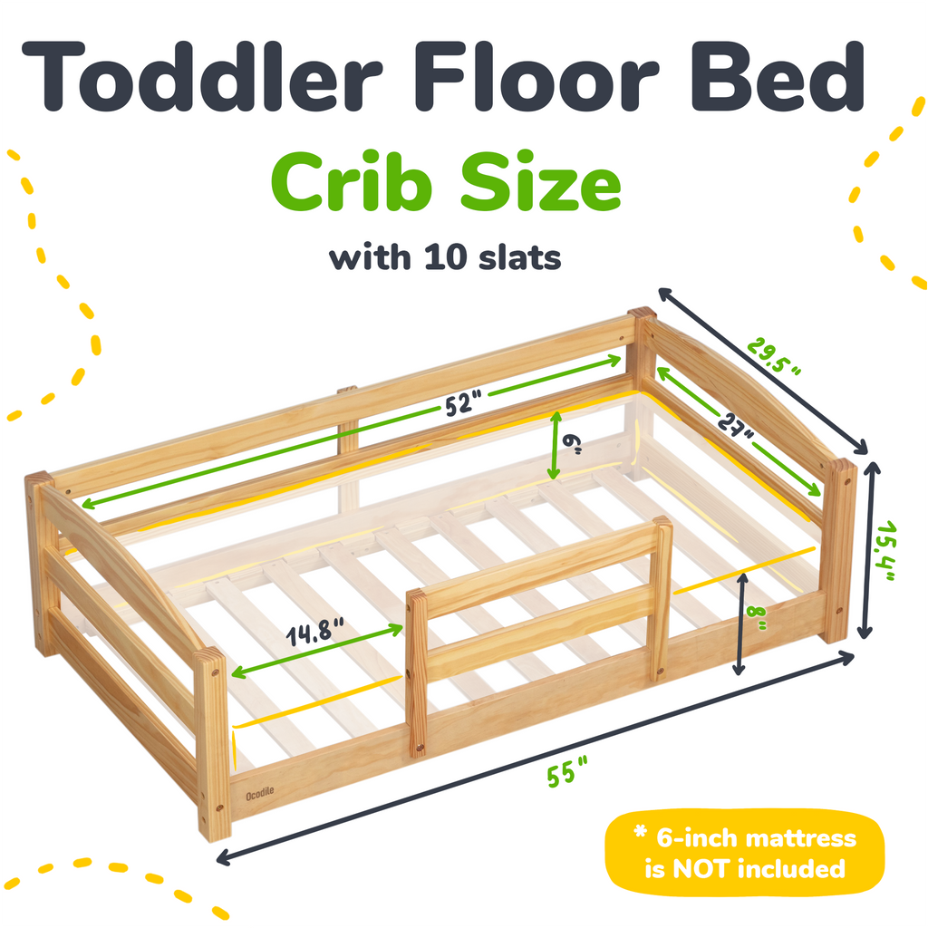 Toddler Floor Bed with Safety Rails for Kids Age 1–3 (Crib Size)